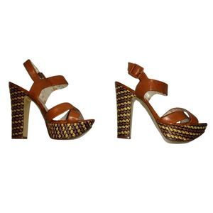 Nine West Chunky Platform 5.5 inch heel Woven Accent on Brown Leather